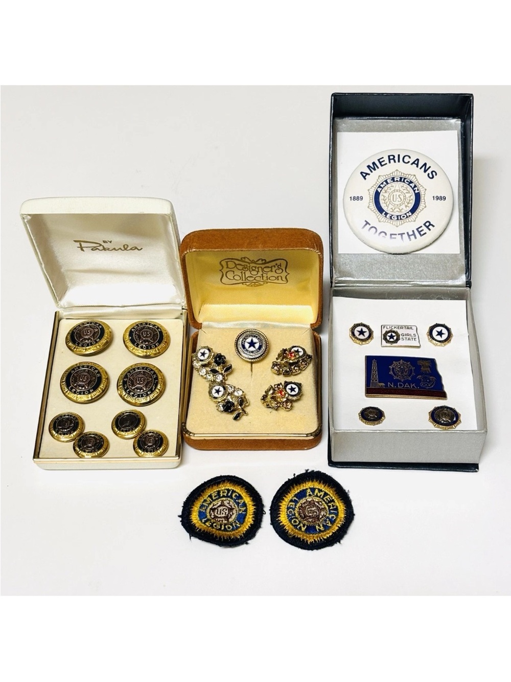 Vintage North Dakota American Legion Lot Pins Buttons Clip Earrings Patches